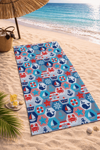 Denizci Temalı Renkli Desenli Premium Baskılı Plaj Havlusu – Marine Yazlık Deniz Havlusu 75x150 cm