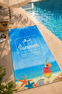 Happy Summer Holiday Yazılı Premium Plaj Havlusu – Deniz Kabuklu Yazlık Deniz Havlusu 75x150 cm Hızlı Kuruyan