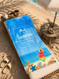 Happy Summer Holiday Yazılı Premium Plaj Havlusu – Deniz Kabuklu Yazlık Deniz Havlusu 75x150 cm Hızlı Kuruyan