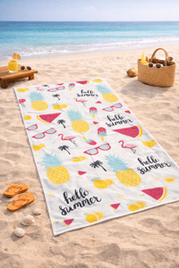 Hello Summer Desenli Premium Plaj Havlusu – Flamingo, Ananas & Karpuz Temalı, Hızlı Kuruyan Yumuşak Havlu