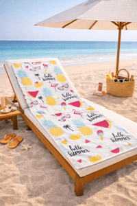 Hello Summer Desenli Premium Plaj Havlusu – Flamingo, Ananas & Karpuz Temalı, Hızlı Kuruyan Yumuşak Havlu