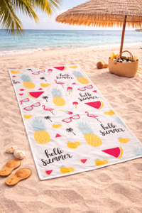 Hello Summer Desenli Premium Plaj Havlusu – Flamingo, Ananas & Karpuz Temalı, Hızlı Kuruyan Yumuşak Havlu