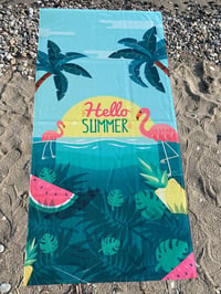 Hello Summer Flamingo Desenli Premium Baskılı Plaj Havlusu – Hızlı Kuruyan Tropikal Deniz Havlusu 75x150 cm