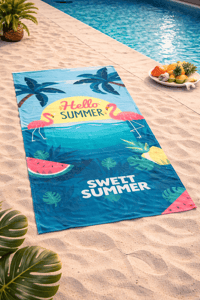 Hello Summer Flamingo Desenli Premium Baskılı Plaj Havlusu – Hızlı Kuruyan Tropikal Deniz Havlusu 75x150 cm