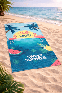 Hello Summer Flamingo Desenli Premium Baskılı Plaj Havlusu – Hızlı Kuruyan Tropikal Deniz Havlusu 75x150 cm