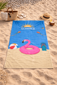 Hello Summer Flamingo Desenli Premium Baskılı Plaj Havlusu – Yazlık Deniz Havlusu 75x150 cm