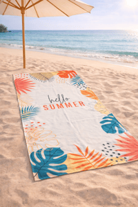 Hello Summer Tropikal Yaprak Desenli Premium Baskılı Plaj Havlusu – Hızlı Kuruyan Yazlık Deniz Havlusu 75x150 cm