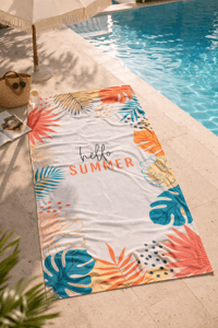 Hello Summer Tropikal Yaprak Desenli Premium Baskılı Plaj Havlusu – Hızlı Kuruyan Yazlık Deniz Havlusu 75x150 cm