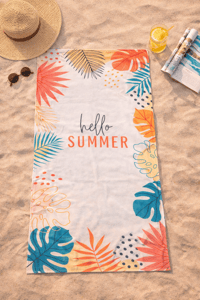 Hello Summer Tropikal Yaprak Desenli Premium Baskılı Plaj Havlusu – Hızlı Kuruyan Yazlık Deniz Havlusu 75x150 cm