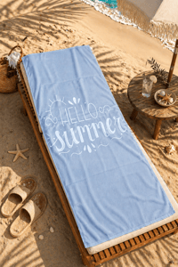 Hello Summer Yazılı Premium Baskılı Plaj Havlusu Açık Mavi Yazlık Deniz Havlusu 75x150 cm