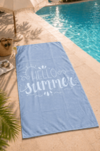 Hello Summer Yazılı Premium Baskılı Plaj Havlusu Açık Mavi Yazlık Deniz Havlusu 75x150 cm