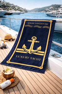 Luxury Yacht Siyah Çapa Desenli Plaj ve Banyo Havlusu 75×150 cm – Yumuşak ve Emici