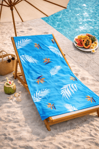 Mavi Tropikal Yaprak Desenli Premium Baskılı Plaj Havlusu – Yazlık Deniz Havlusu 75x150 cm