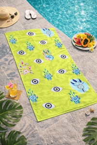 Nazar Göz Desenli Premium Plaj Havlusu – Yeşil Bohem Yazlık Deniz Havlusu 75x150 cm