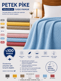 Petek Pike %100 Pamuk Tek Kişilik 160x230 cm – Yumuşak, Nefes Alan, Dört Mevsim Kullanım - Mavi