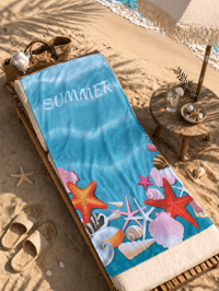 Summer Yazılı Deniz Kabuklu Premium Plaj Havlusu 75x150 cm – Hızlı Kuruyan Yazlık Deniz Havlusu