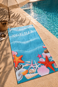 Summer Yazılı Deniz Kabuklu Premium Plaj Havlusu 75x150 cm – Hızlı Kuruyan Yazlık Deniz Havlusu