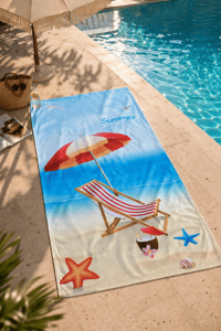 Summer Yazılı Şezlong & Şemsiye Desenli Premium Plaj Havlusu 75x150 cm – Hızlı Kuruyan Yazlık Deniz Havlusu