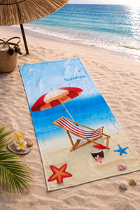 Summer Yazılı Şezlong & Şemsiye Desenli Premium Plaj Havlusu 75x150 cm – Hızlı Kuruyan Yazlık Deniz Havlusu