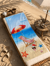 Summer Yazılı Şezlong & Şemsiye Desenli Premium Plaj Havlusu 75x150 cm – Hızlı Kuruyan Yazlık Deniz Havlusu