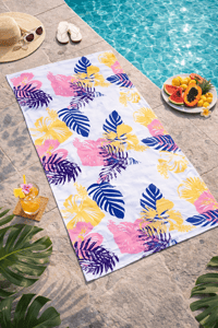 Tropikal Çiçek Desenli Premium Plaj Havlusu – Pembe Sarı Yapraklı Yazlık Deniz Havlusu 75x150 cm