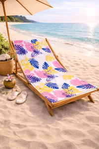 Tropikal Çiçek Desenli Premium Plaj Havlusu – Pembe Sarı Yapraklı Yazlık Deniz Havlusu 75x150 cm