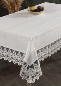 HAVANA KREM ÇİZGİLİ DESEN FRANSIZ DANTEL DERTSİZ KUMAŞ YEMEK MASASI ÖRTÜSÜ