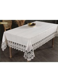 HAVANA KREM ÇİZGİLİ DESEN FRANSIZ DANTEL DERTSİZ KUMAŞ YEMEK MASASI ÖRTÜSÜ