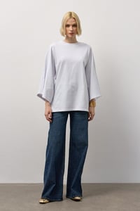 Beyaz Geniş Kollu Uzun Basic T-Shirt