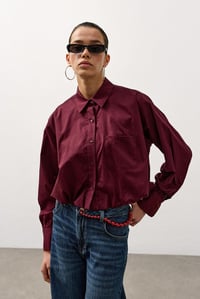 Bordo Beli Lastikli Crop Poplin Gömlek