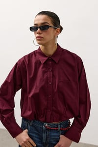 Bordo Beli Lastikli Crop Poplin Gömlek
