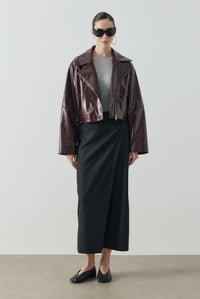 Bordo Crop Biker Deri Ceket