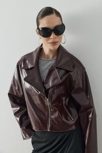 Bordo Crop Biker Deri Ceket
