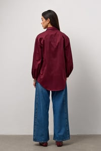Bordo Pamuklu Balon Kol Detaylı Relaxed Fit Gömlek