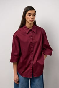 Bordo Pamuklu Balon Kol Detaylı Relaxed Fit Gömlek