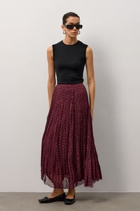 Bordo Şifon Desenli Midi Etek