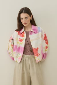 Ekru Floral Tuval Desen Keten Bomber Ceket