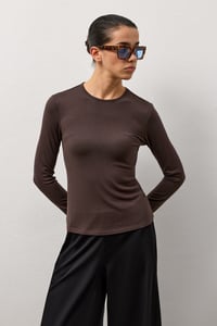 Kahverengi Basic Uzun Kollu Bisiklet Yaka Body