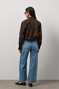 Kahverengi Beli Lastikli Crop Poplin Gömlek