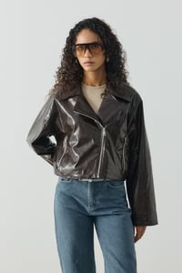 Kahverengi Crop Biker Deri Ceket