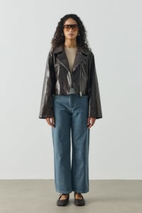 Kahverengi Crop Biker Deri Ceket