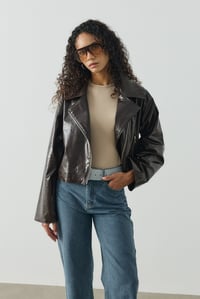 Kahverengi Crop Biker Deri Ceket