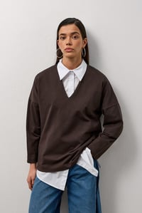 Kahverengi V Yaka Uzun Kollu Basic T-Shirt