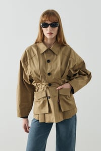 Koyu Camel Maksi Cep Detaylı Gabardin Ceket