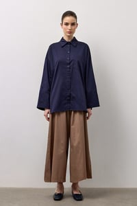 Lacivert Pamuk Saten Oversize Gömlek
