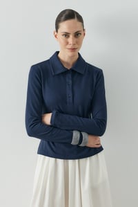 Lacivert Polo Yaka Uzun Kollu T-shirt