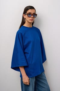 Mavi Geniş Kollu Uzun Basic T-Shirt