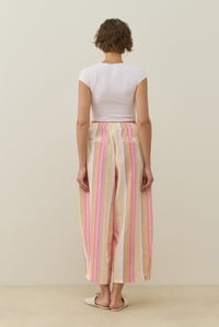Pembe Çizgi Desen Keten Barrel Pantolon