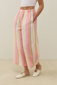 Pembe Çizgi Desen Keten Barrel Pantolon