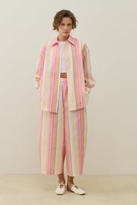Pembe Çizgi Desen Keten Gömlek